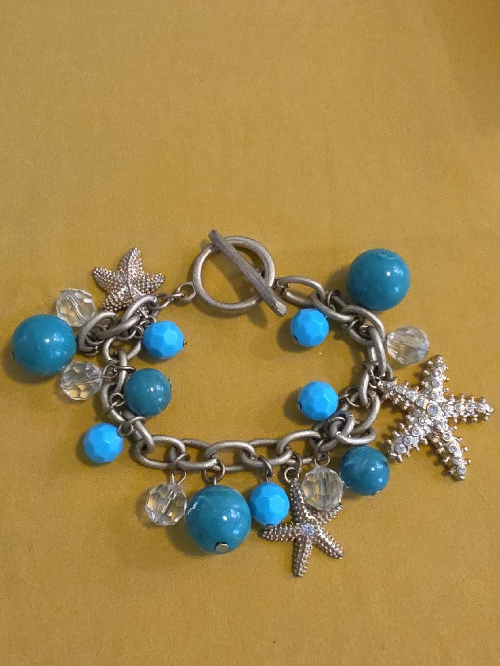 Vintage Coastal-Themed Chunk Charm Bracelet w/ Starfish Charms & Toggle Closure